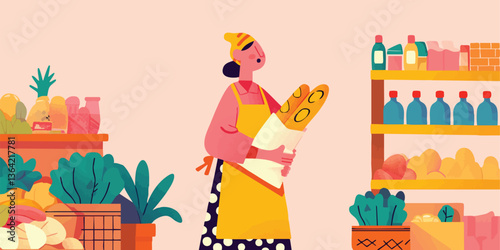 A baker enthusiastically displays freshly baked bread, set amidst a vibrant array of products in a charming boutique, the scene unfolds in a whimsical, creative style.