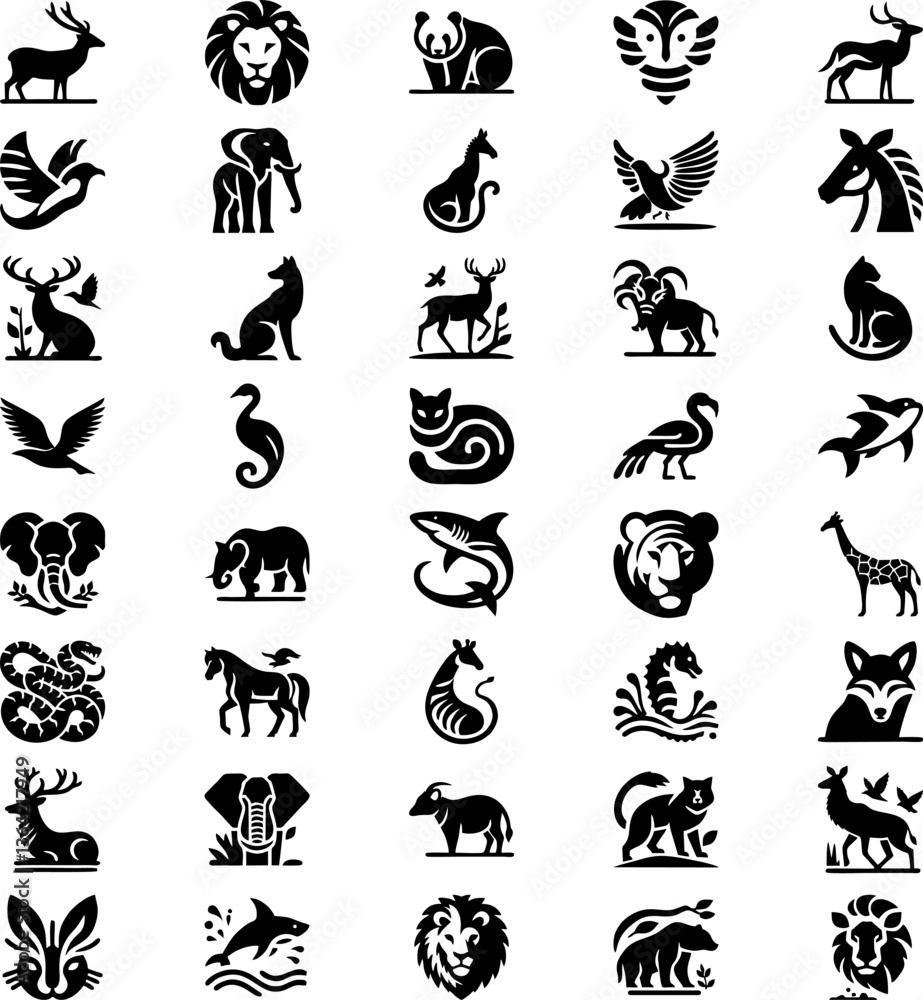 Naklejka premium Collection of Black and White Silhouettes of Various Animals
