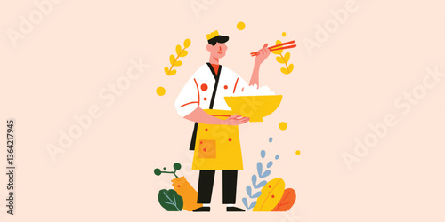A skilled chef in a vibrant, cartoon-style illustration is meticulously preparing a delicious meal with a focus on artistry.