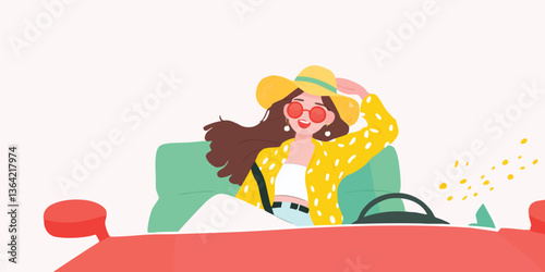 A stylish woman in a car, radiating joy on a road trip, embodies the freedom and thrill of travel.