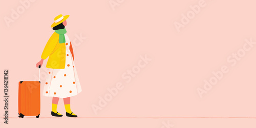 A woman, embarking on a travel adventure, stands alongside her suitcase, symbolizing the wanderlust and excitement of exploring new destinations.