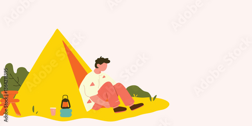 A solitary figure rests beside a vibrant yellow tent in a minimalist illustration. Enjoying the solitude of outdoor life. 
