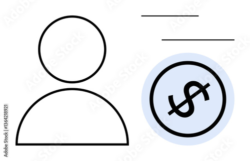 Minimalist outline of a person next to a crossed-out dollar sign in a blue circle. Ideal for cost efficiency, free access, no fees, budgeting, subscription-free services, financial savings, flat
