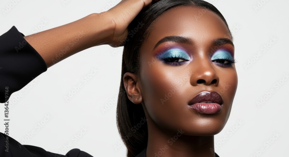 Fototapeta premium A beautiful afro woman with flawless skin and elegant makeup, silver blue eyeshadow smiling in a close-up studio portrait