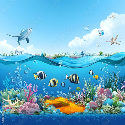 Underwater Ocean Scene Tropical Fish, Coral Reef, Shark, Sunny Sky, Ideal for Kids' Room Decor