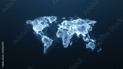 Digital world map in blue tones, showcasing global connections and network across continents in futuristic design.