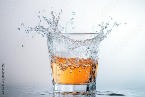 Splash from a glass of water highlights movement and refreshment.