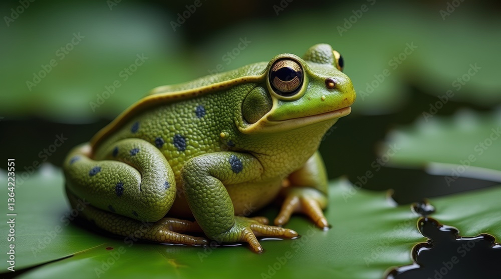 A vibrant green toad with sharply defined features perched on a large contrasting lily pad, surrounded by still water with light reflections A vibrant green toad with sharply defined features perched on a large contrasting lily pad, surrounded by still water with light reflections