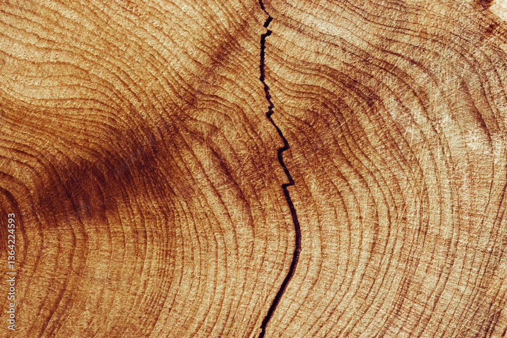 Naklejka premium Close-Up of Wooden Tree Rings with Natural Texture, Detailed of tree rings at natural growth patterns and textures of wood. Circular lines and earthy tones, nature organic aesthetic background