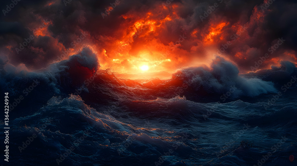 Naklejka premium Dramatic Seascape with Orange Clouds at Sunset Reflecting on Blue Water Waves