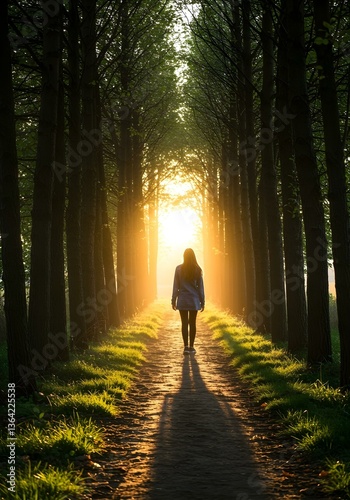 a young woman walk in the woods