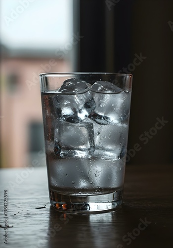 A crystal-clear glass filled with chilled water and floating ice cubes