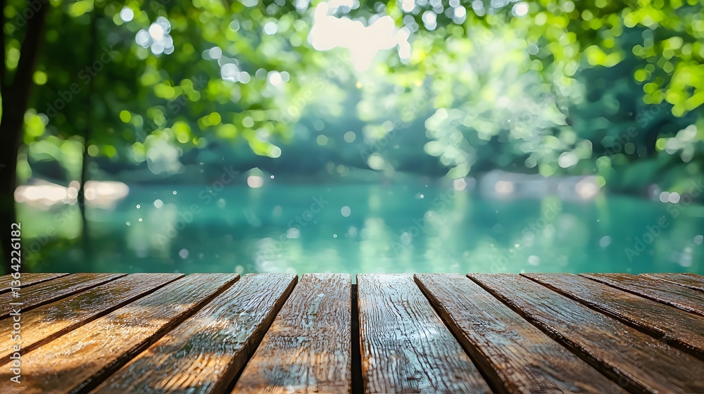 A wooden table positioned by a calm riverbank with blurred trees creating a serene and peaceful atmosphere A wooden table positioned by a calm riverbank with blurred trees creating a serene and peaceful atmosphere