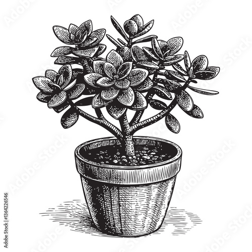 Jade Plant on pot engraving vector illustration