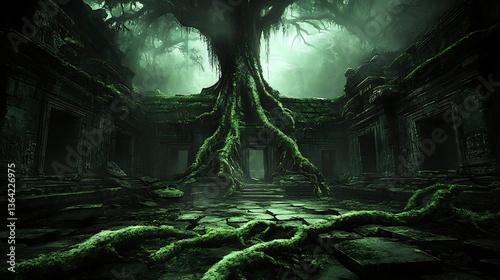 A ruined temple overrun by giant roots and shrouded in the mist