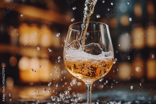 White wine being poured into a glass on a rustic wooden table in soft natural light.