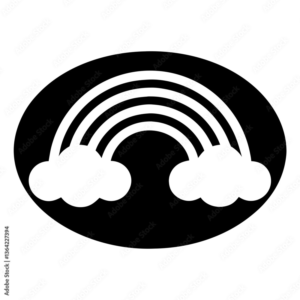 A vibrant rainbow emerges from fluffy clouds, a symbol of hope and new beginnings, set against a bold black oval. A vibrant rainbow emerges from fluffy clouds, a symbol of hope and new beginnings, set against a bold black oval.