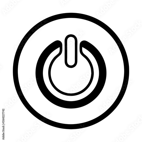 The bold power button symbol, a stark graphic conveying control and activation with a simple black and white design.