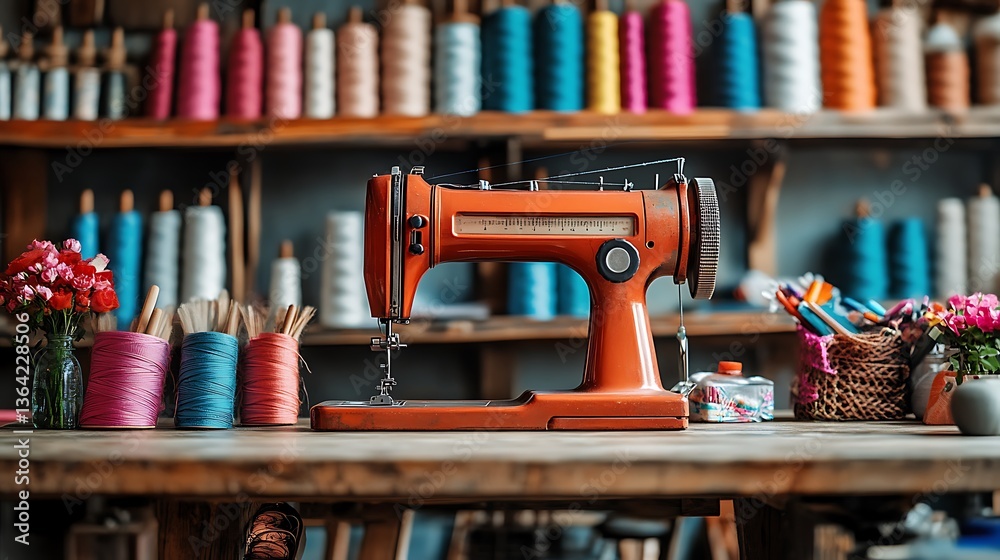 Fototapeta premium Vintage sewing machine on wooden table with colorful threads.