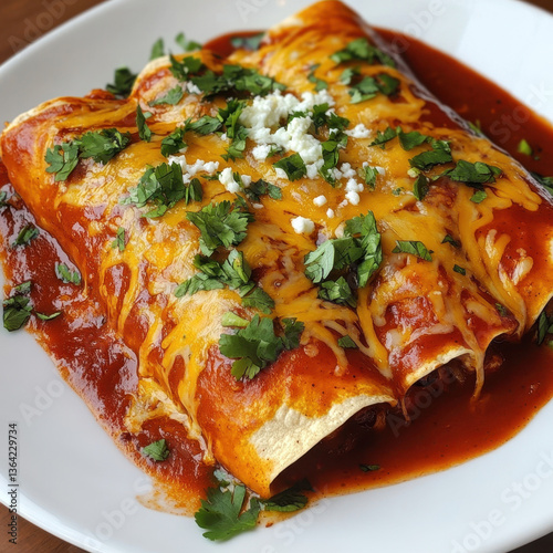 Cheesy enchiladas smothered in red sauce and topped with fresh herbs and crumbled cheese, served hot on a white plate.