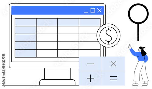 Desktop spreadsheet with calculation icons, dollar sign symbol, magnifier, and a user pointing for focus. Ideal for finance, accounting, budgeting, analytics, reporting productivity flat simple