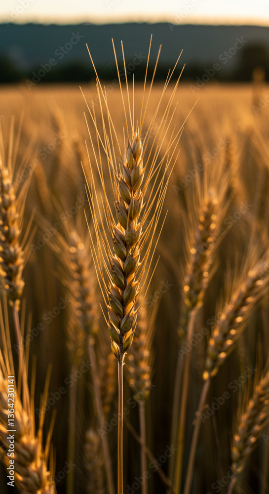 Obraz premium Golden Wheat Field Illuminated by Warm Sunlight with Soft Focus on Individual Stalks