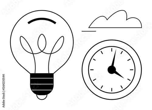 Lightbulb symbolizing ideas, simple clock representing time, and minimal cloud above. Ideal for creativity, innovation, time management, brainstorming, productivity, simplicity flat simple metaphor