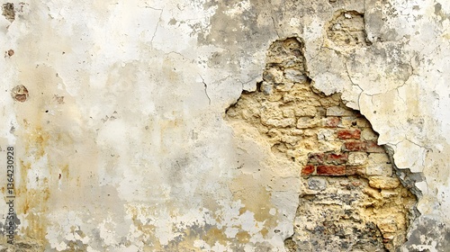 Weathered wall featuring exposed brick and faded paint reflecting the passage of time in ancient civilization ruins