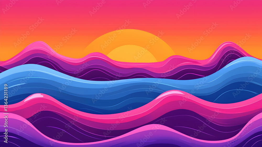 Vibrant sunset over stylized ocean waves; background design for websites or social media Vibrant sunset over stylized ocean waves; background design for websites or social media