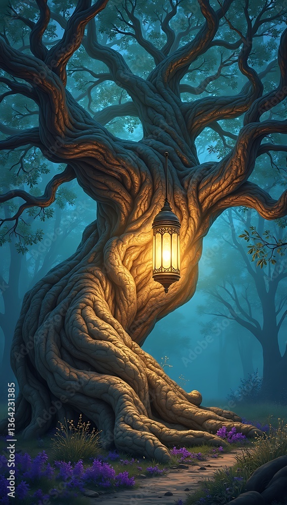Naklejka premium Ancient Tree with Bioluminescent Leaves and a Glowing Hollow Trunk 
