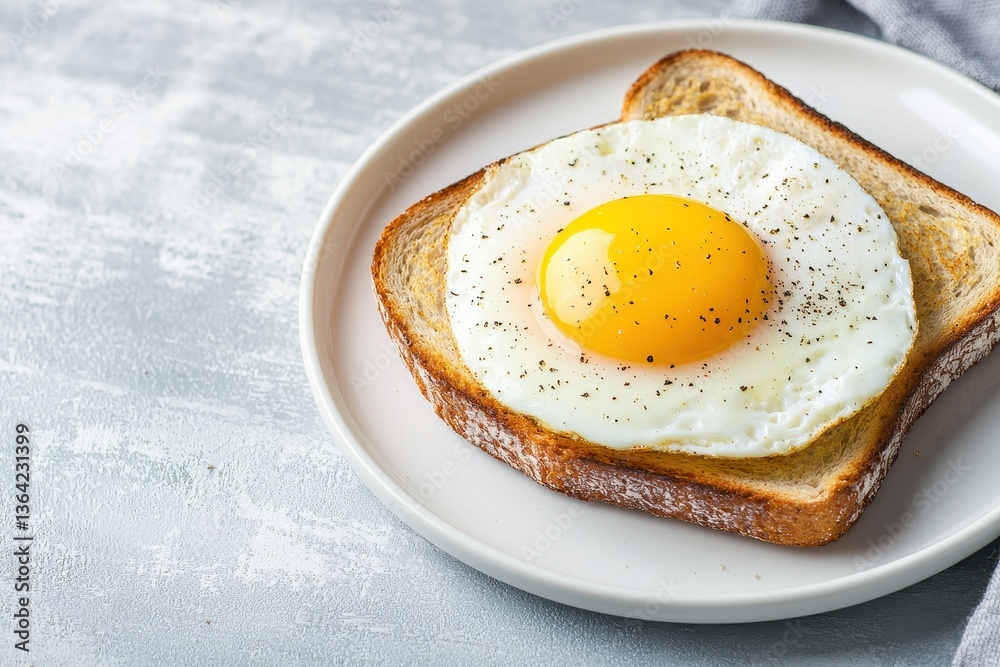 A sunny-side-up egg on toasted bread, seasoned with black pepper, set against a light, textured background. A sunny-side-up egg on toasted bread, seasoned with black pepper, set against a light, textured background.