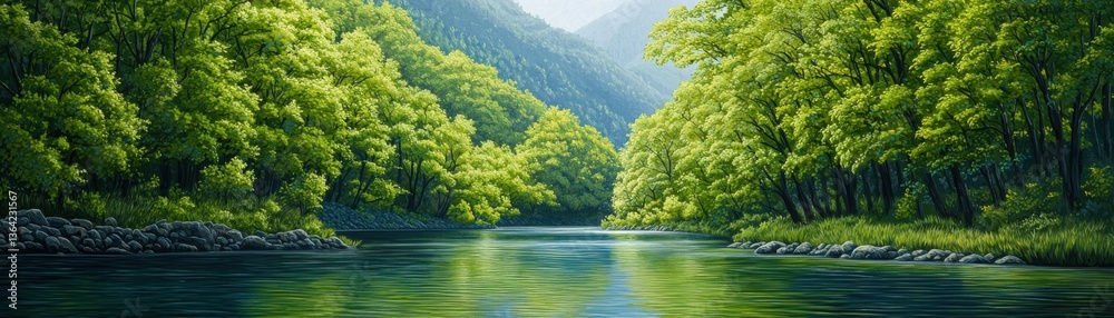 Naklejka premium A serene river flows through lush green forests, embodying nature's tranquil beauty.