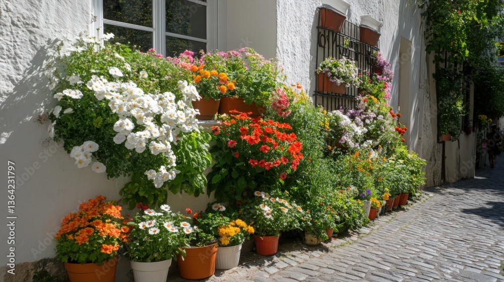 Fototapeta premium Vibrant Flower Display on a Sunlit Cobblestone Street