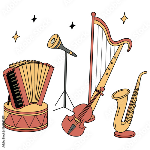 Musical instrument set. Accordion, guitar, harp, ethnic drum, violin, saxophone. Can be used for orchestra, acoustic concert, music, school concept vector