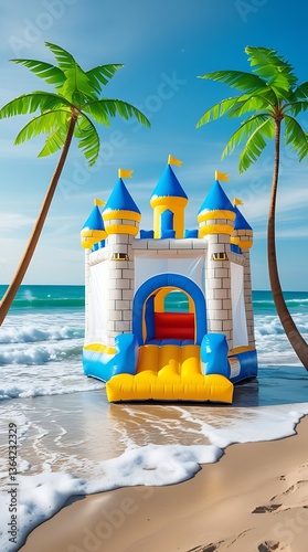 Beach-Themed Inflatable Castle Bounce House with Palm Trees and Ocean Waves
