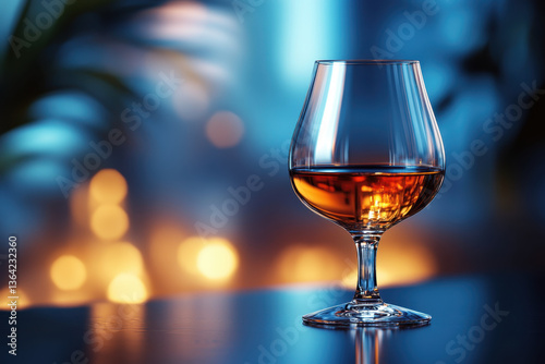 A glass of cognac on wooden table, surrounded by warm candlelight, creating a cozy and inviting atmosphere.