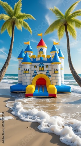 Beach-Themed Inflatable Castle Bounce House with Palm Trees and Ocean Waves
