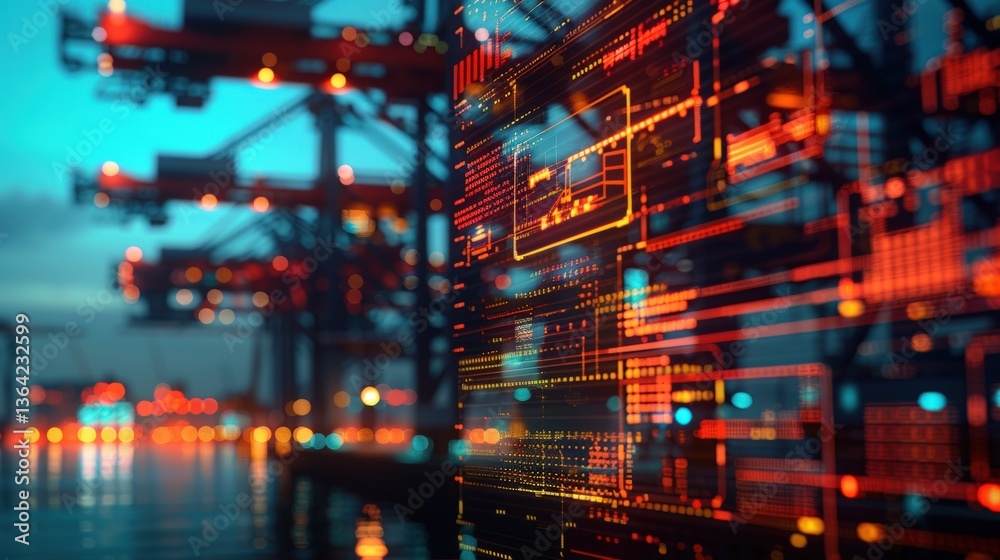 Obraz premium Digital logistics dashboard displaying real-time shipment tracking at an automated container terminal. Modern technology optimizing freight operations and global supply chain efficiency...