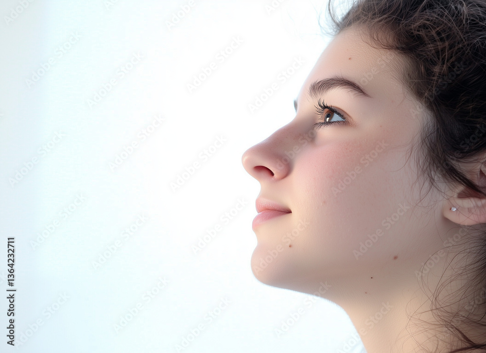 Close-up of woman with clean face and subtle smile, promoting natural beauty and skin positivity. Close-up of woman with clean face and subtle smile, promoting natural beauty and skin positivity.