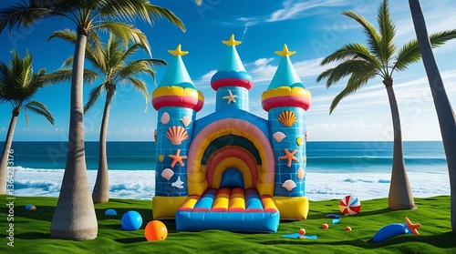 Beach-Themed Inflatable Castle Bounce House with Palm Trees and Ocean Waves
