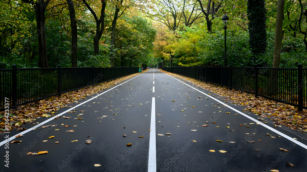 Obraz premium Asphalt Road Leading Into Forest With Autumn Leaves On Surface Under Day Light