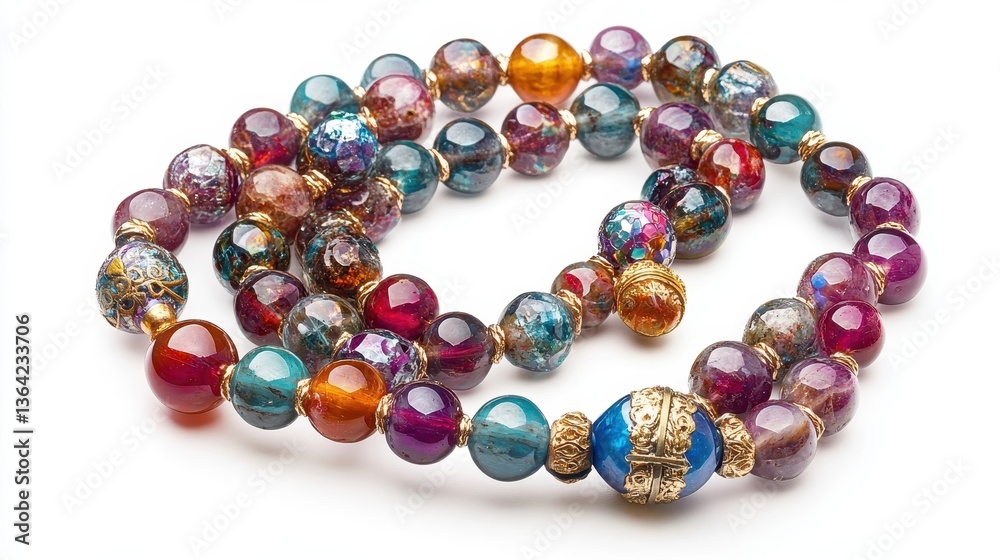 Colorful beaded necklace with intricate detailing is resting against white Colorful beaded necklace with intricate detailing is resting against white