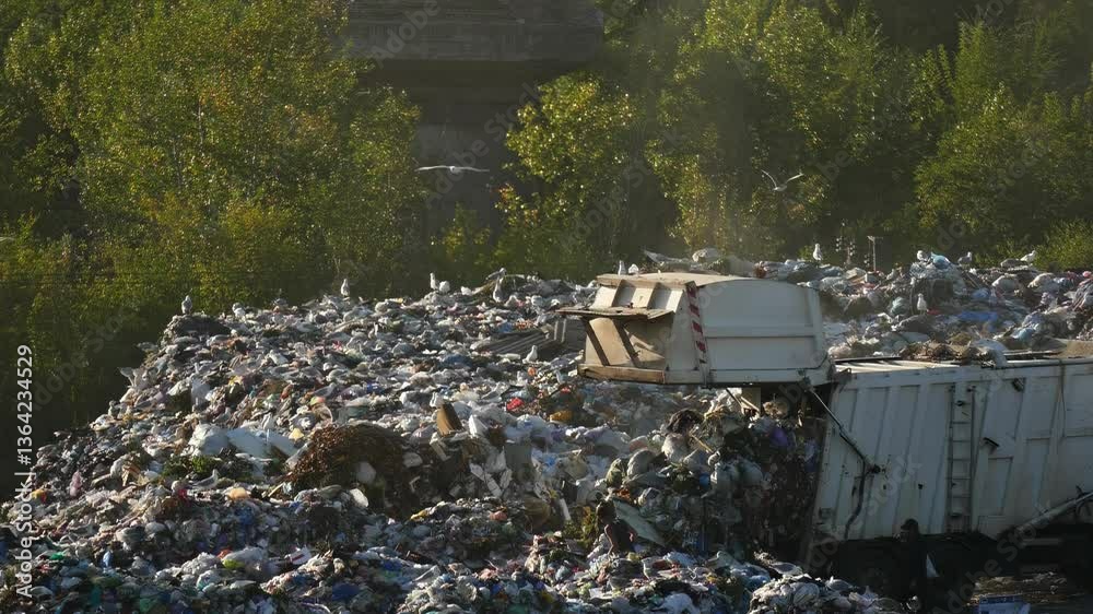 Garbage truck at landfill in slow motion. Environmental pollution and waste management concept. Ideal for ecology, recycling and urban issues. Garbage 4K background. Garbage truck at landfill in slow motion. Environmental pollution and waste management concept. Ideal for ecology, recycling and urban issues. Garbage 4K background.