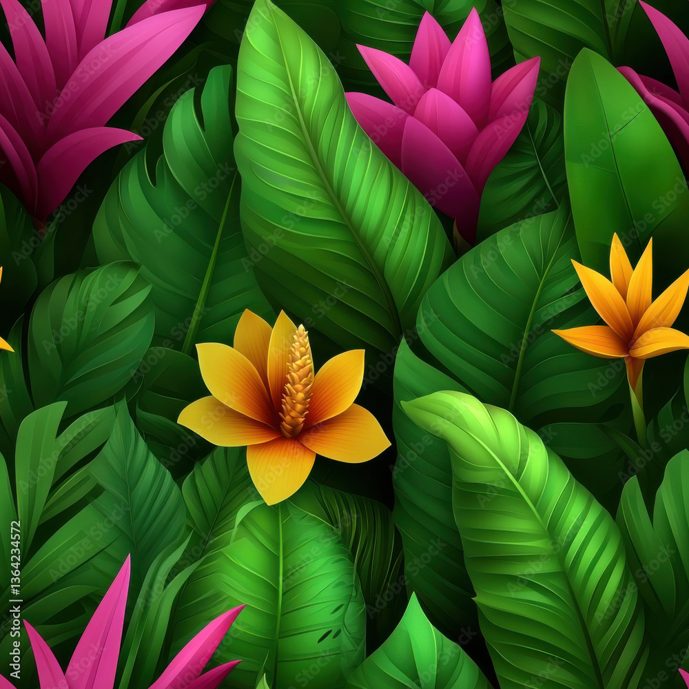 Fototapeta premium Tropical leaves and vibrant flowers in seamless lush pattern design