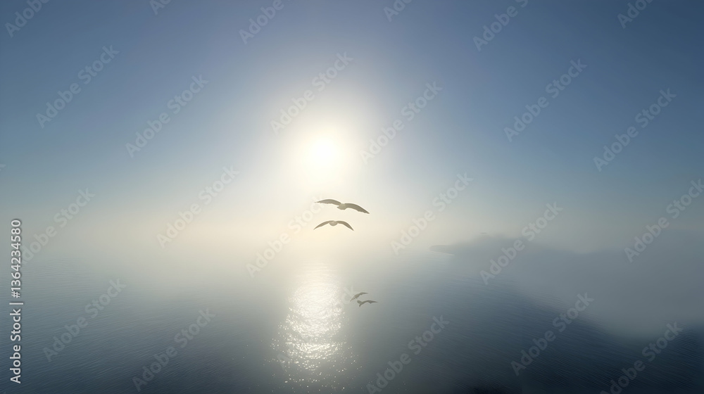 Fototapeta premium Three seagulls flying over misty ocean at sunrise; tranquil coastal scene, ideal for travel brochures