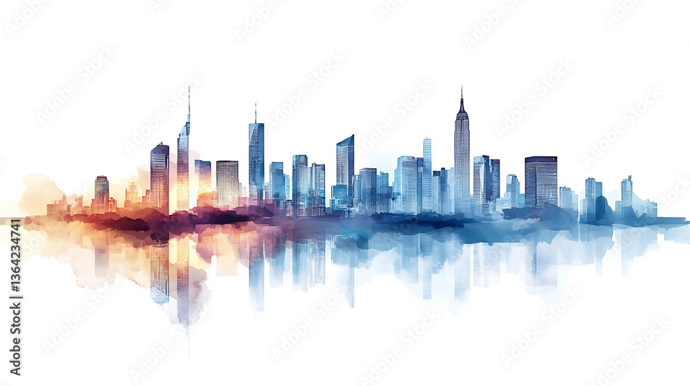 Naklejka premium Colorful Watercolor Cityscape Skyline