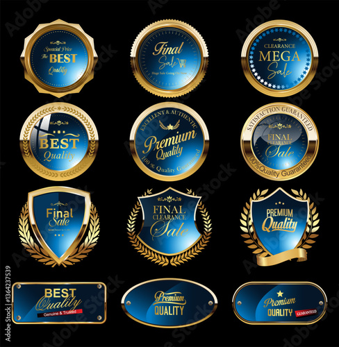 Best quality premium golden badges and labels vector set. Shield icon with laurel wreath vector set. Premium quality stamp, gold labels and best offer badges collection