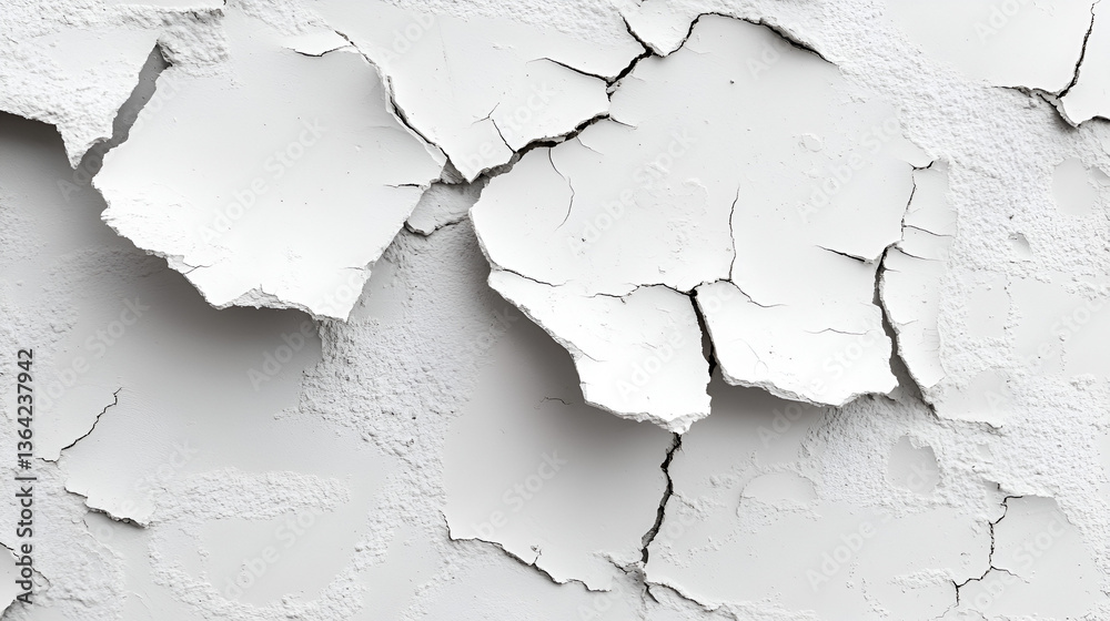 Fototapeta premium Aged white concrete wall background shows a rough, cracked texture with a dirty, weathered surface pattern