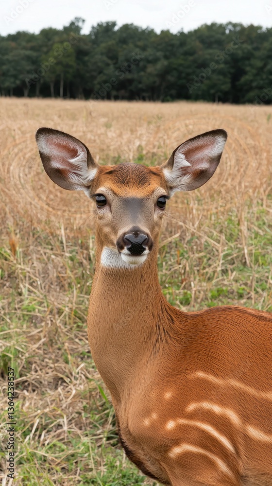 Fototapeta premium Brown deer stands in field, trees in the background on an overcast day