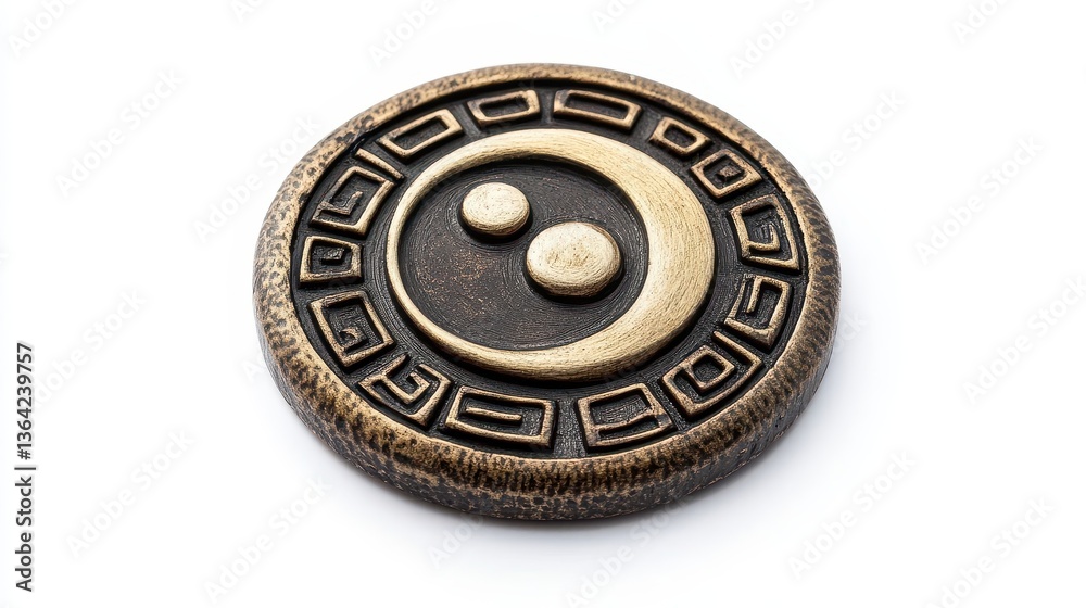 A decorative bronze circular emblem with a stylized design A decorative bronze circular emblem with a stylized design